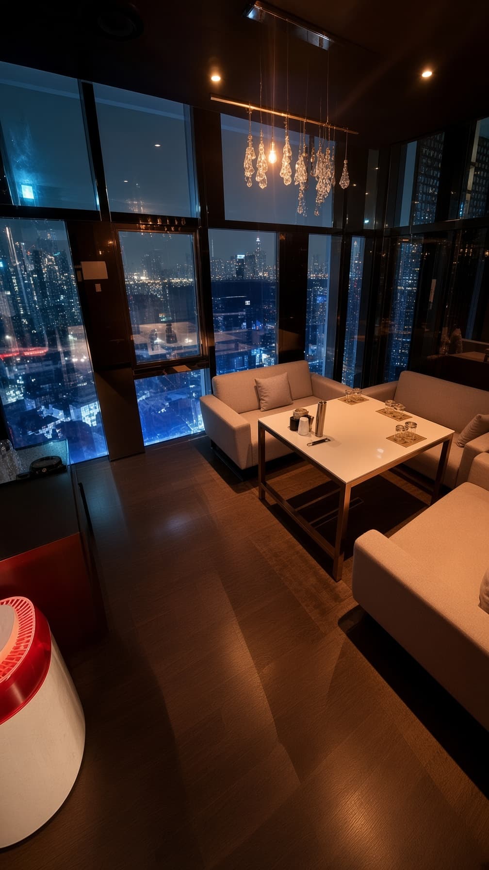 Gangnam CL33 (강남 씨엘33) · Night views through tall windows beside a table with pale seating.