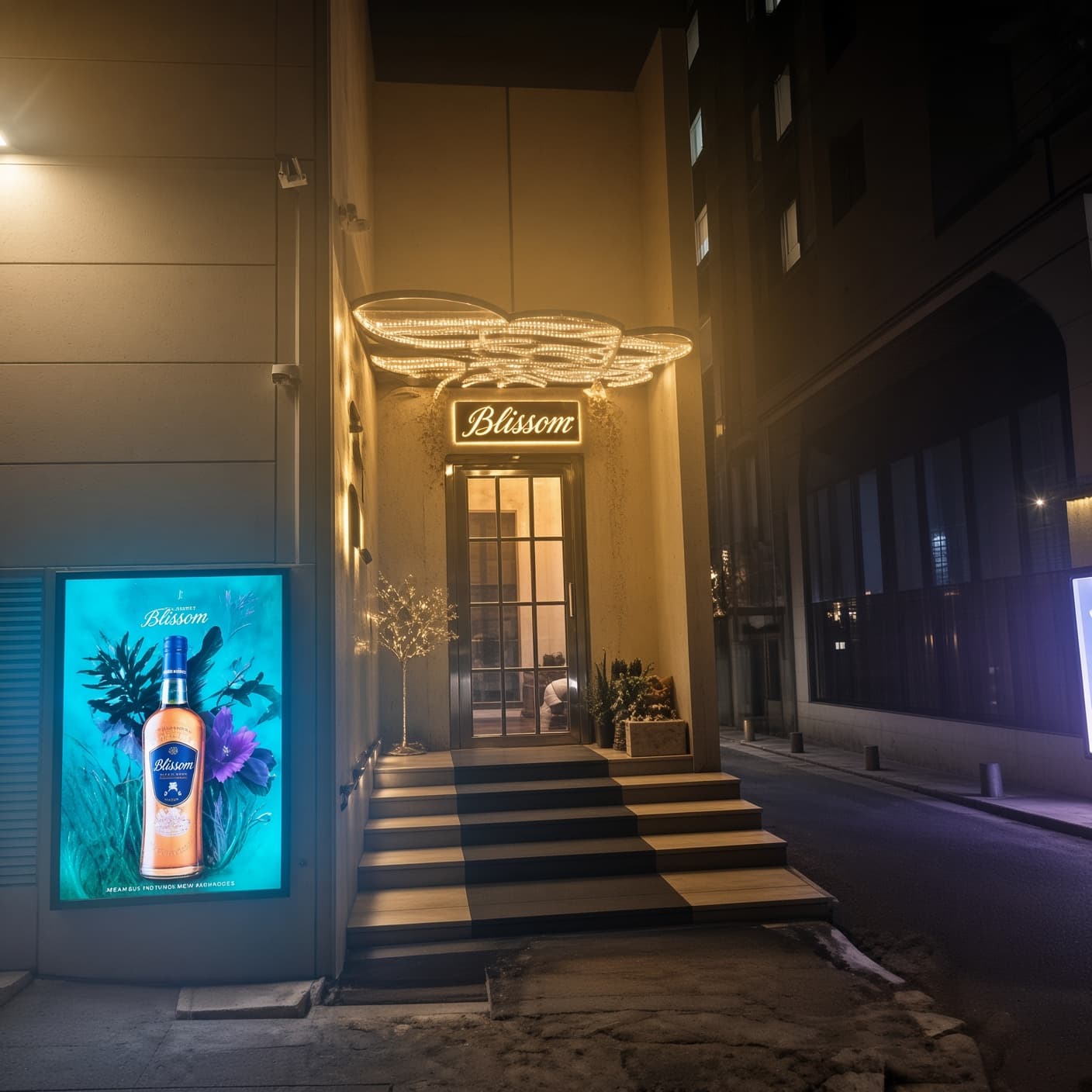 Gangnam Eden (강남 에덴) · Steps, a bright bottle-image display and overhead decoration beneath a Blissome sign.