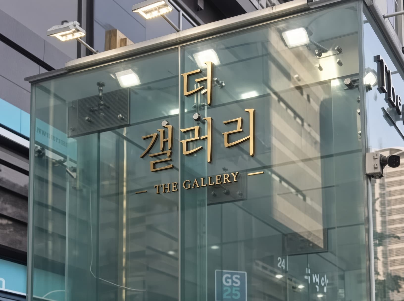 カンナム・ギャラリー (강남 갤러리) · ガラスの壁面に金色の「ザ・ギャラリー」の文字と上部照明が見えます。